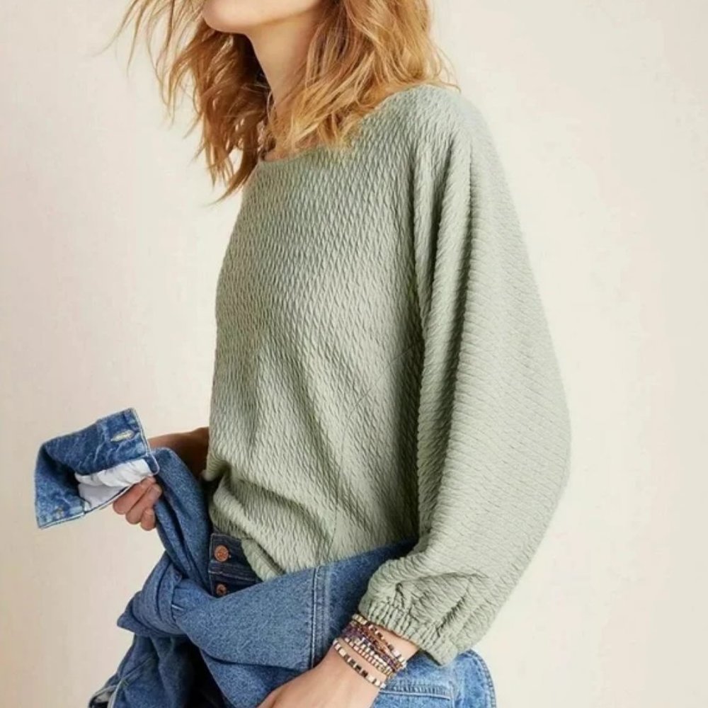 Anthropologie Arya Textured Balloon Sleeve Sage Top Sz Small